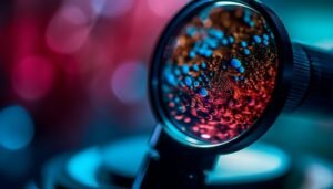Magnifying lens revealing microscopic detail in a laboratory
