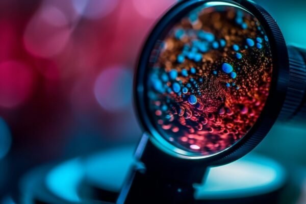 Magnifying lens revealing microscopic detail in a laboratory