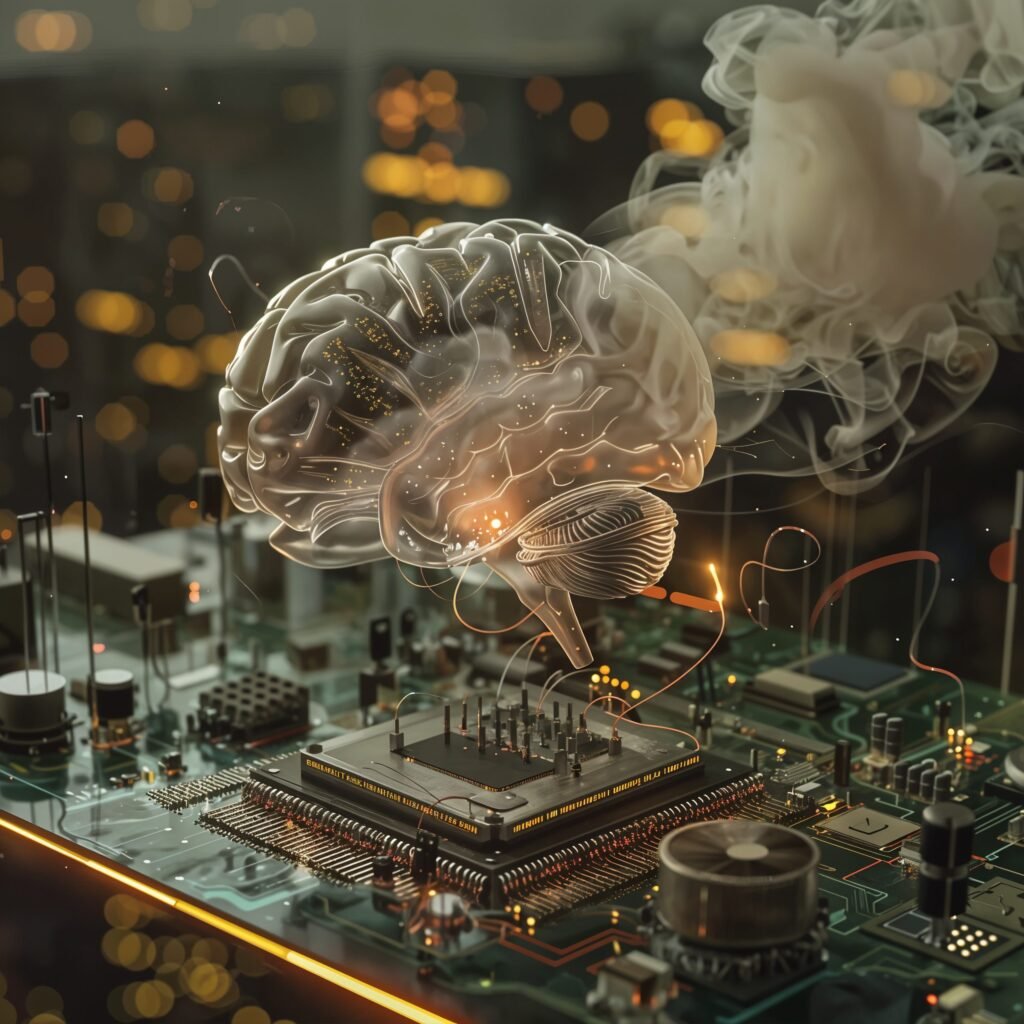 Translucent brain above a circuit board representing deep technology