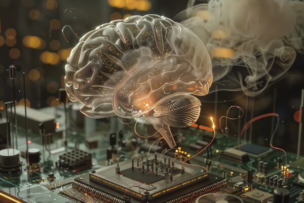 Translucent brain above a circuit board representing deep technology