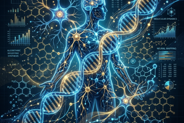 Illustration of a human figure overlaid with neural pathways, DNA double helices and molecular structures, representing research that combines biology with artificial intelligence