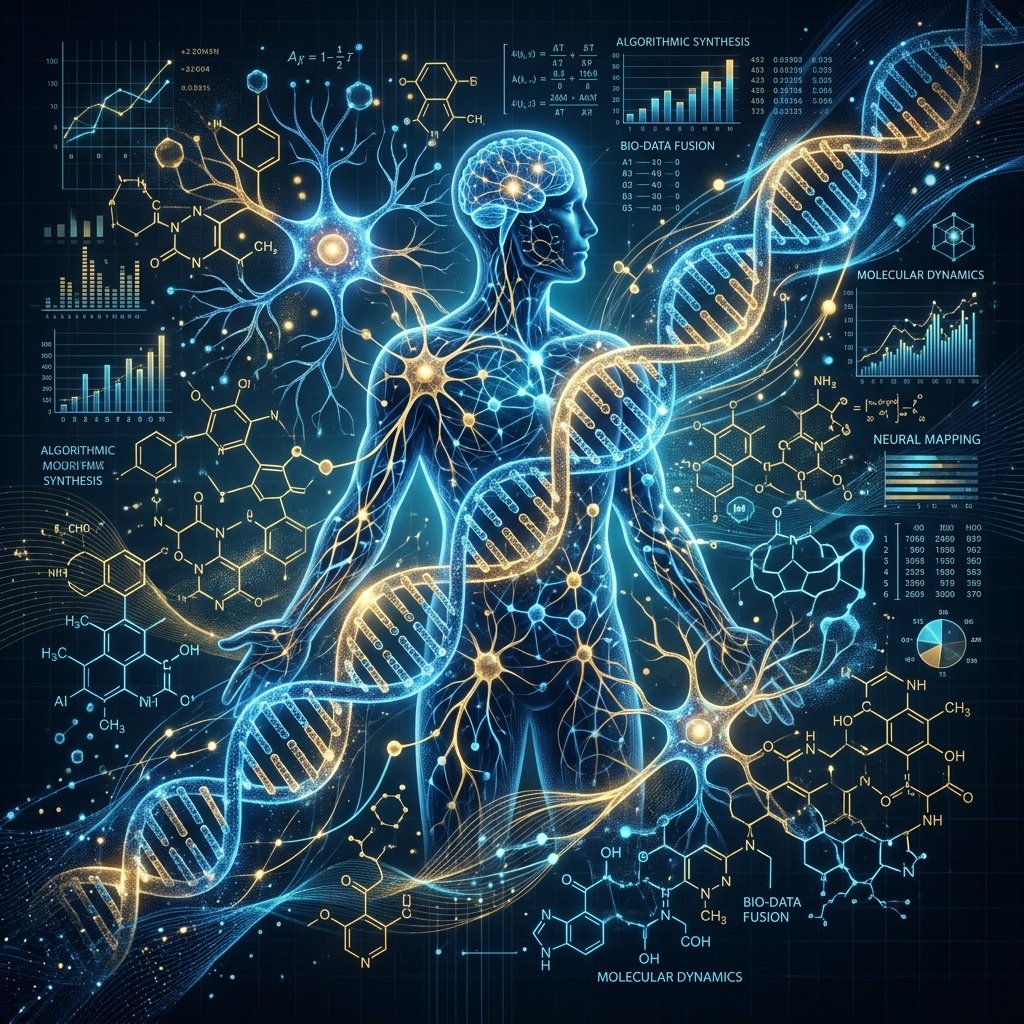 Illustration of a human figure overlaid with neural pathways, DNA double helices and molecular structures, representing research that combines biology with artificial intelligence