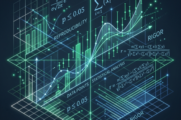 Isometric illustration of statistical charts with error bars, distribution curves and correlation formulas, representing reproducibility and rigour in research
