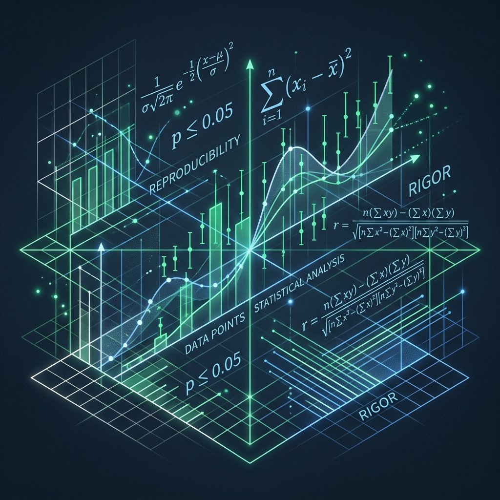 Isometric illustration of statistical charts with error bars, distribution curves and correlation formulas, representing reproducibility and rigour in research